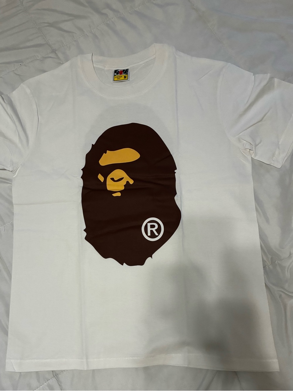 Bape White T-Shirt with Brown & Yellow Ape Head Graphic